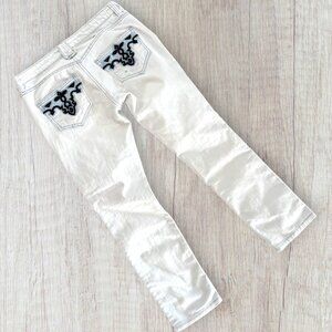 ANTIK DENIM White Light Wash Low Rise Jeans Stretch Embroidered Navy Pockets 30